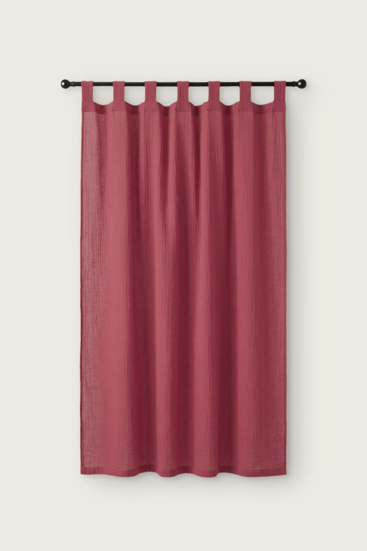 2-layer muslin cotton curtain panel in wine, single tab top panel on a black rod, front view