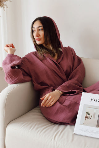 2 Layer Muslin Cotton Plain Color Hooded Bathrobe