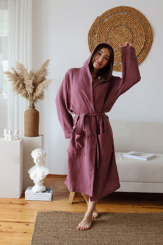 2 Layer Muslin Cotton Plain Color Hooded Bathrobe