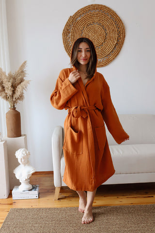 2 Layer Muslin Cotton Plain Color Hooded Bathrobe