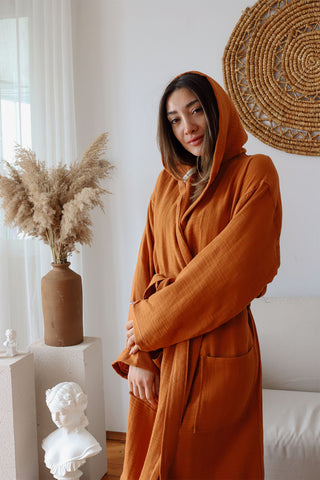 Detail of Natural 2-layer muslin cotton fabric and hood design - handwoven Denizli