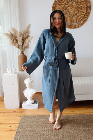 Handwoven 2-layer hooded Turkish muslin cotton bathrobe in Indigo Blue - Vivamaison Denizli OEKO-TEX certified
