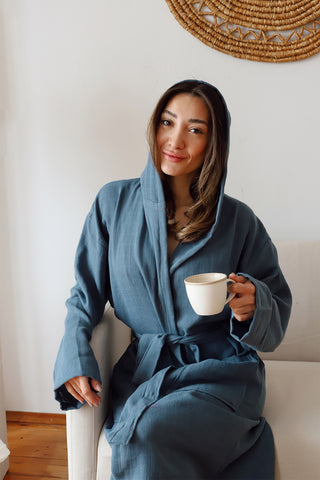 Indigo Blue hooded muslin bathrobe showing generous hood and lightweight weave by Vivamaison