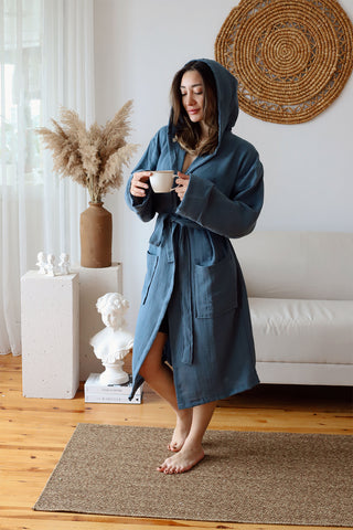 2 Layer Muslin Cotton Plain Color Hooded Bathrobe