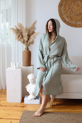 Handwoven 2-layer hooded Turkish muslin cotton bathrobe in Sage Green - Vivamaison Denizli OEKO-TEX certified