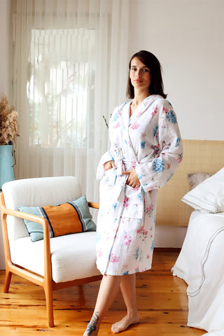 2 Layer Patterned Muslin Natural Cotton Bathrobe