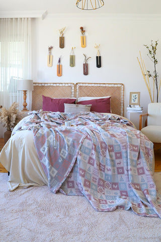 Handwoven 3-layer patterned Turkish muslin bedspread in Natural - Vivamaison Denizli OEKO-TEX certified