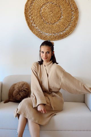 Light brown handwoven Turkish muslin cotton kimono bathrobe by Vivamaison