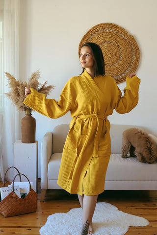 Handwoven 4-layer Turkish muslin cotton bathrobe in Mustard - Vivamaison Denizli OEKO-TEX certified