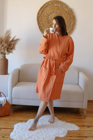 Handwoven 4-layer Turkish muslin cotton bathrobe in Terracotta - Vivamaison Denizli OEKO-TEX certified