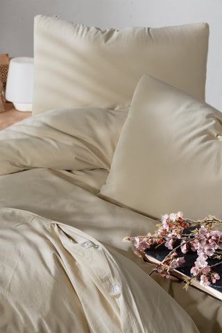 Natural stonewashed duvet cover styled bedroom view - breathable Aegean cotton linen