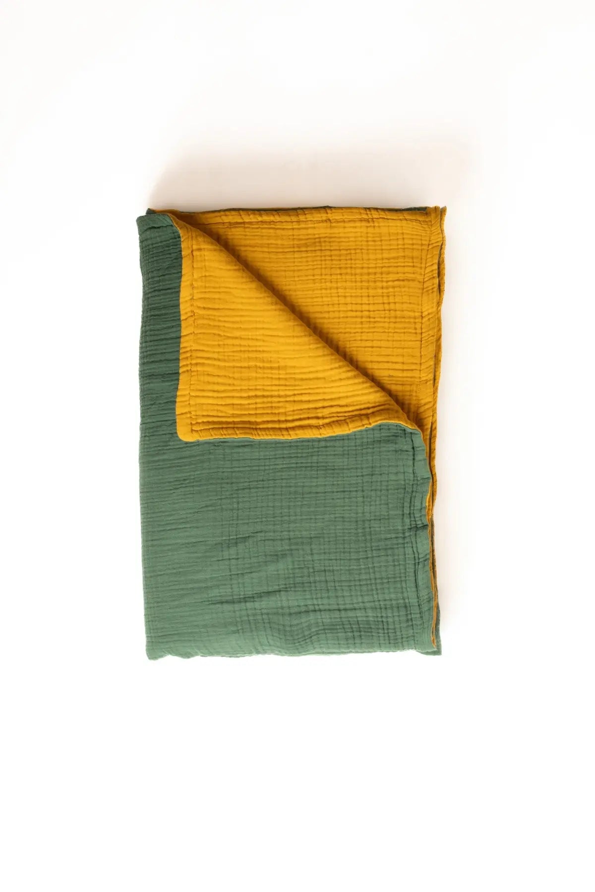 Dark Green Mustard reversible double-sided 8-layer muslin bedspread folded flat lay. Handwoven Denizli, OEKO-TEX. Vivamaison.