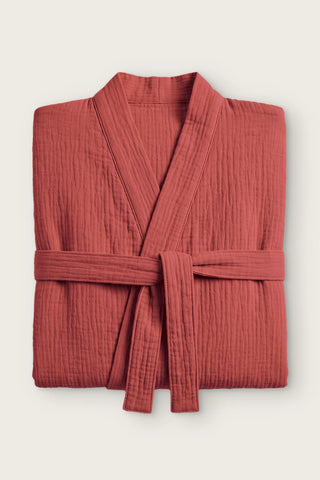 Handwoven 2-layer muslin kimono bathrobe in burgundy, folded front view with tied belt
