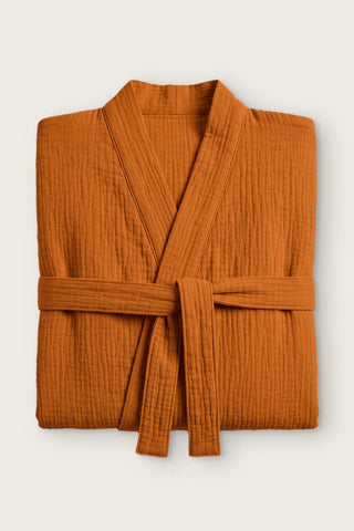 Handwoven 2-layer muslin kimono bathrobe in caramel, folded front view with tied belt