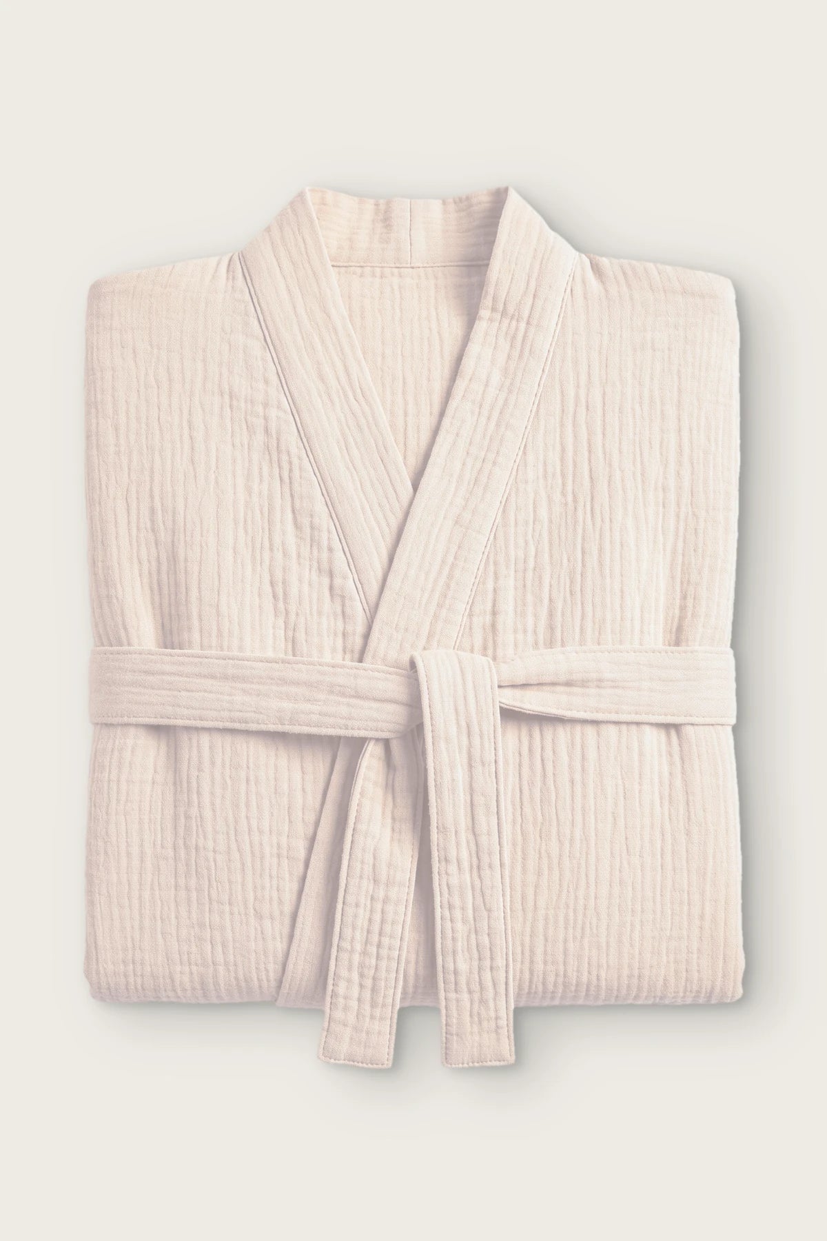 Handwoven 2-layer muslin kimono bathrobe in ecru, folded front view with tied belt