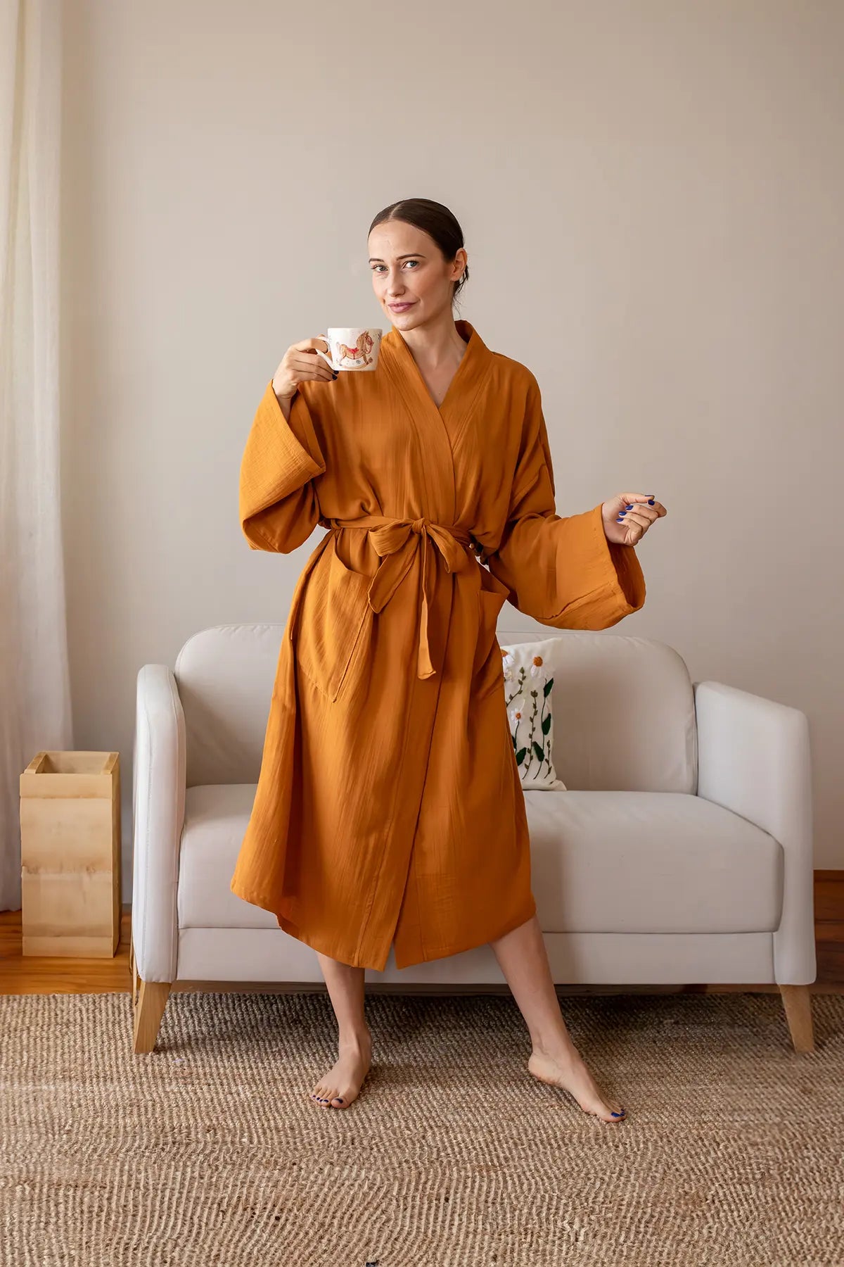 Handwoven 2-layer Turkish muslin bathrobe in orange - Vivamaison Denizli OEKO-TEX certified