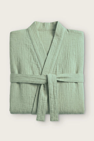 Handwoven 2-layer muslin kimono bathrobe in sage green, folded front view with tied belt