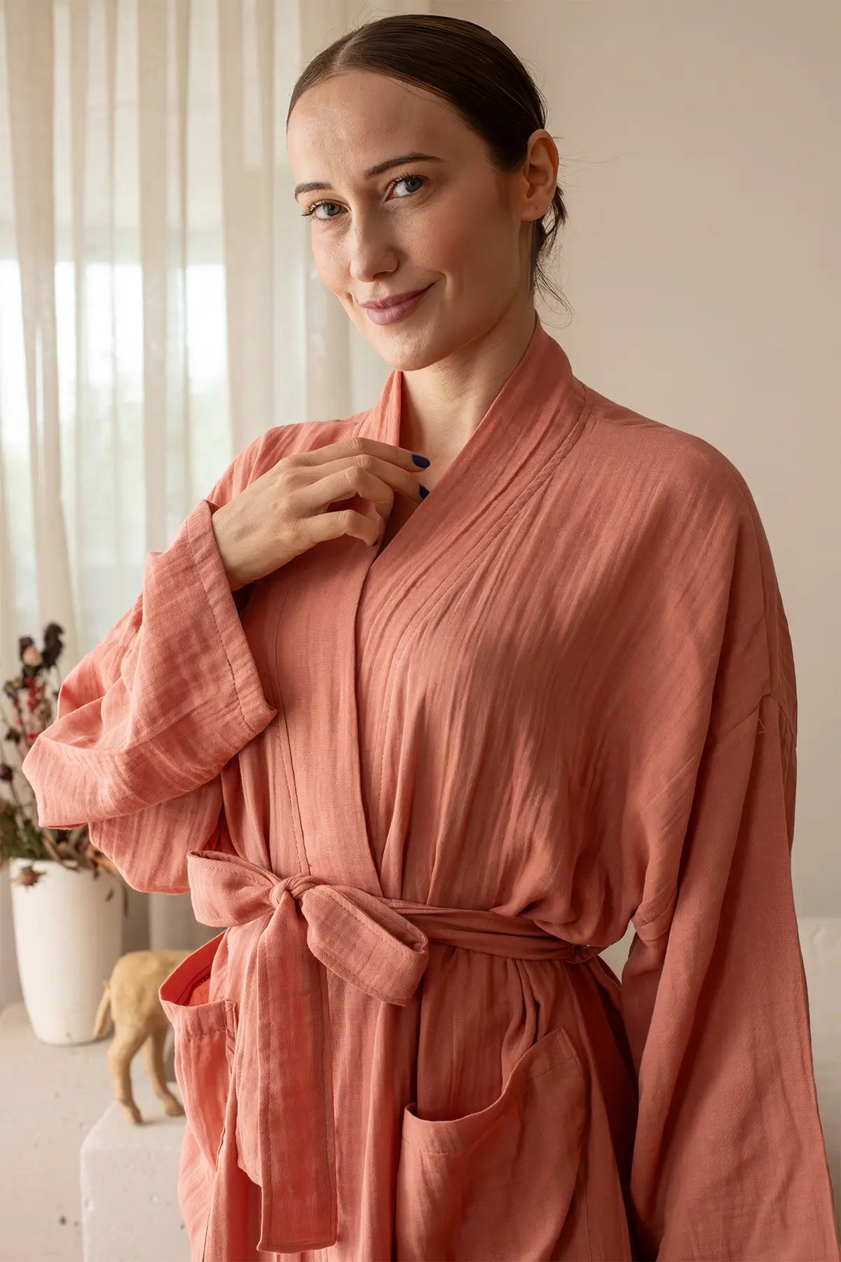 Handwoven 2-layer Turkish muslin bathrobe in terracotta - Vivamaison Denizli OEKO-TEX certified