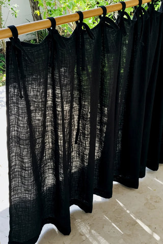 Angled tie top row, sheer weave backlit. Handwoven 2-layer muslin cotton curtain, Denizli, OEKO-TEX. Vivamaison.