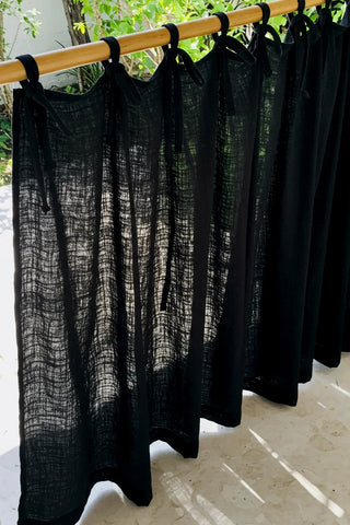 Angled tie top row, sheer weave backlit. Handwoven 2-layer muslin cotton curtain, Denizli, OEKO-TEX. Vivamaison.