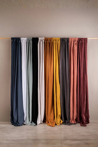 All ten color panels lineup unlabeled. 2-layer muslin cotton curtain. Vivamaison.
