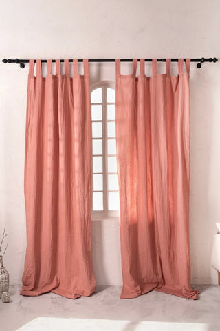 Coral tab top pair, black rod, arched window. Handwoven 2-layer muslin cotton curtain, Denizli, OEKO-TEX. Vivamaison.
