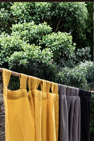 Yellow gray black tab top panels garden. Handwoven 2-layer muslin cotton curtain, Denizli, OEKO-TEX. Vivamaison.