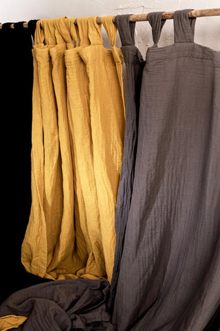 Yellow gray black tab headers close-up. Handwoven 2-layer muslin cotton curtain, Denizli, OEKO-TEX. Vivamaison.