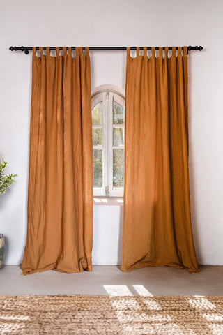 Camel tab top panels, arched window, rug. Handwoven 2-layer muslin cotton curtain, Denizli, OEKO-TEX. Vivamaison.