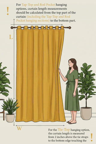 Length width measuring guide illustration infographic. 2-layer muslin cotton curtain. Vivamaison.