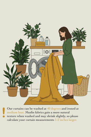 Washing care 40 degrees shrinkage infographic. 2-layer muslin cotton curtain. Vivamaison.