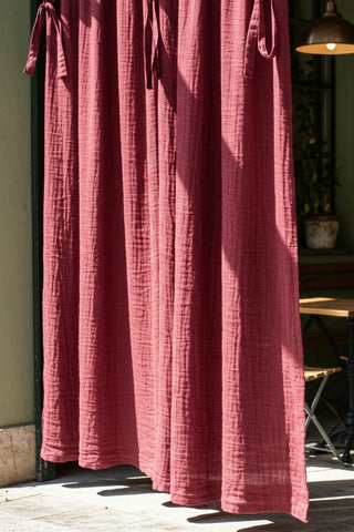 Tie top curtain on outdoor cafe patio. Handwoven 2-layer muslin cotton curtain, Denizli, OEKO-TEX. Vivamaison.
