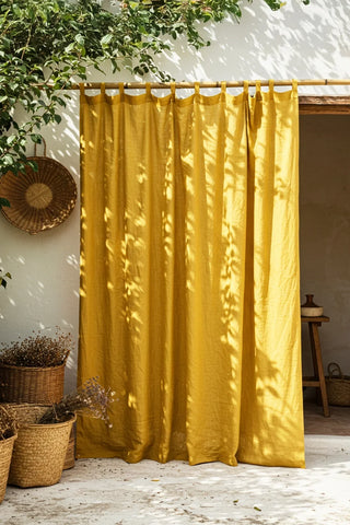 Mustard tab top panel, patio wall, baskets. Handwoven 2-layer muslin cotton curtain, Denizli, OEKO-TEX. Vivamaison.