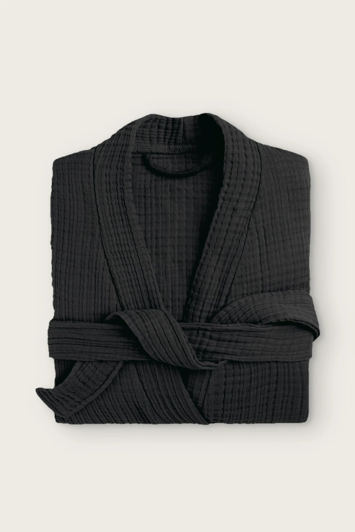 Handwoven 4-layer muslin kimono bathrobe in black, folded front view with wrapped belt