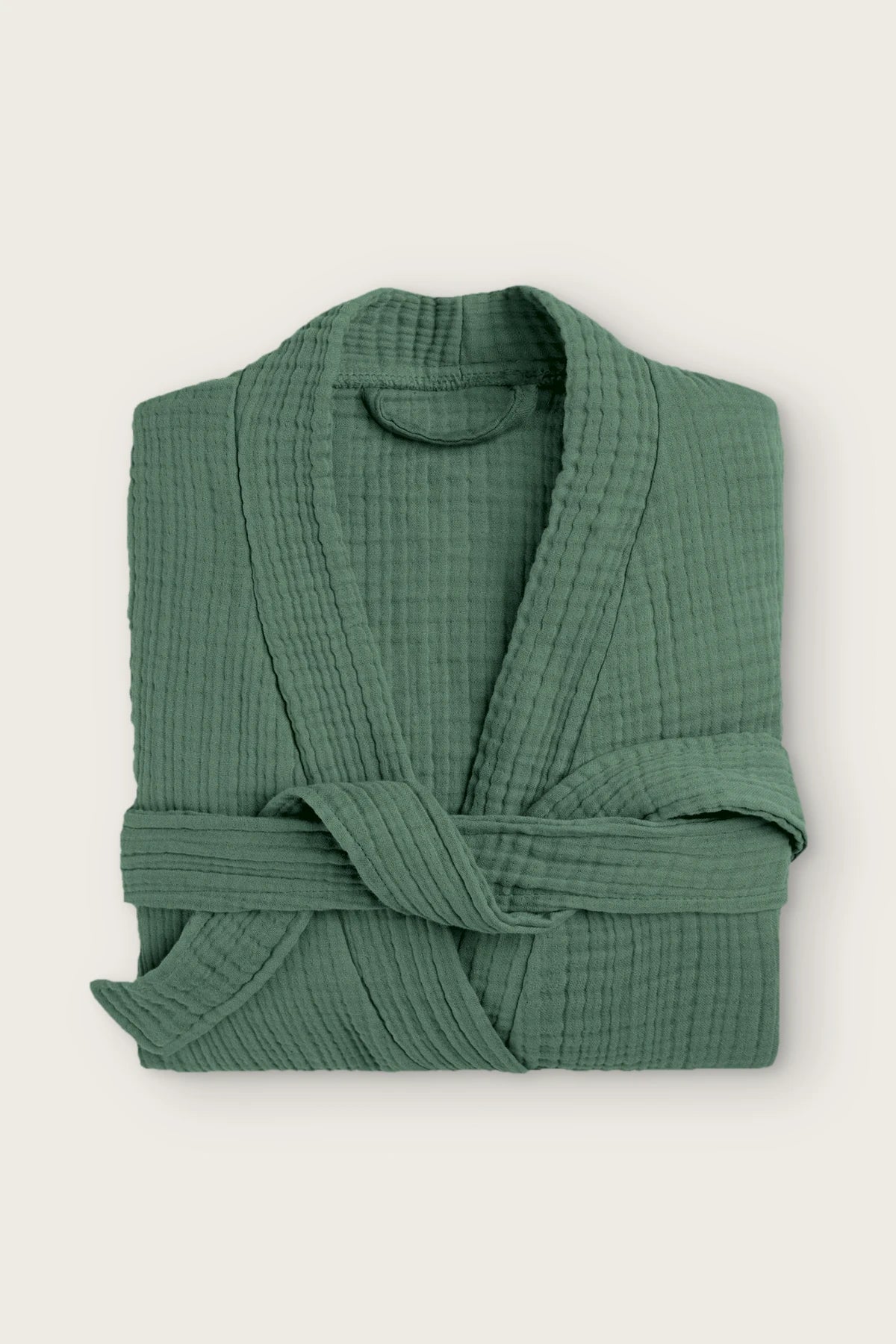 Handwoven 4-layer muslin kimono bathrobe in dark green, folded front view