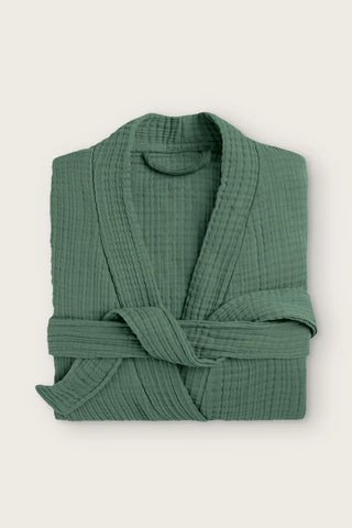 Handwoven 4-layer muslin kimono bathrobe in dark green, folded front view