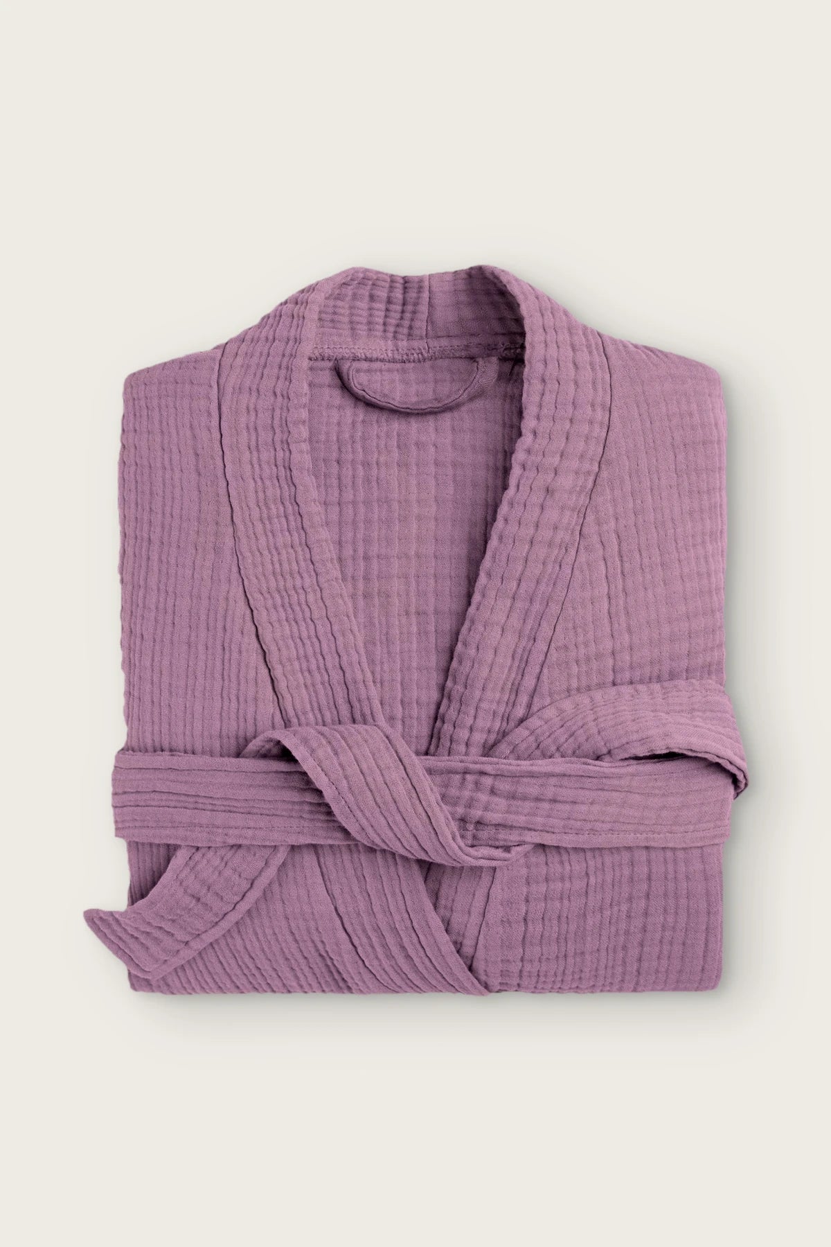 Handwoven 4-layer muslin kimono bathrobe in plum, folded front view with wrapped belt