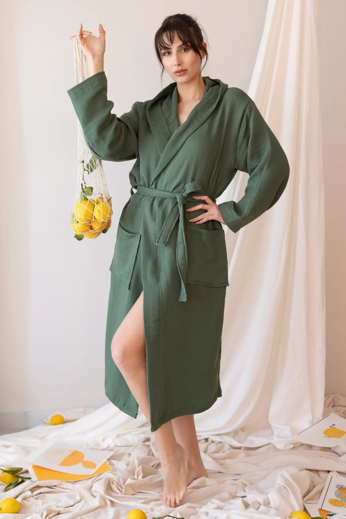 Dark Green handwoven 4-layer muslin hooded Turkish cotton bathrobe front full. Denizli, OEKO-TEX. Vivamaison.