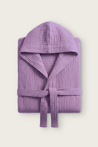 Handwoven 4-layer muslin hooded bathrobe in lilac, folded front view with hood and tied belt