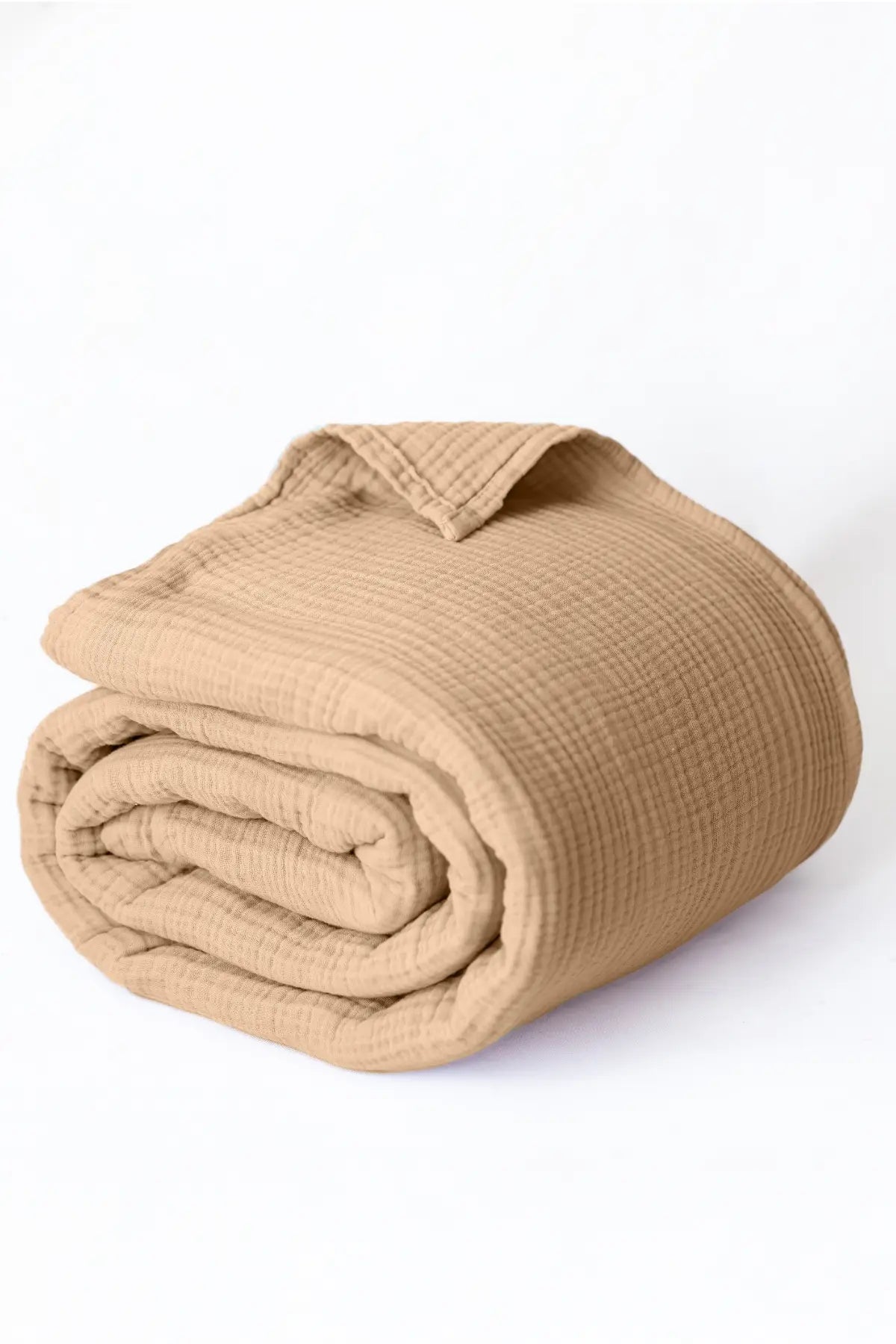 Brown handwoven 4-layer muslin Turkish cotton bedspread front full. Long-staple Denizli, OEKO-TEX. Vivamaison.