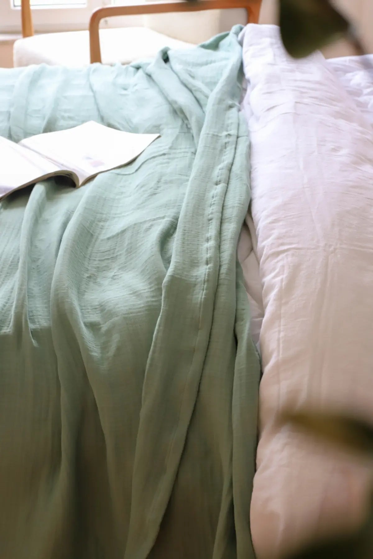 Sage Green handwoven 4-layer muslin Turkish cotton bedspread draped bed. Long-staple Denizli, OEKO-TEX. Vivamaison.