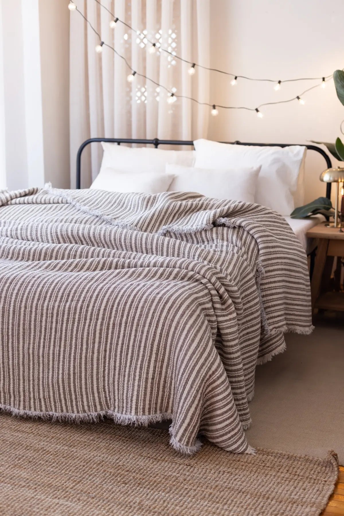 Dark Brown Striped handwoven 8-layer muslin Turkish cotton quilt bedroom lifestyle. Hand-tied fringe Denizli, OEKO-TEX. Vivam