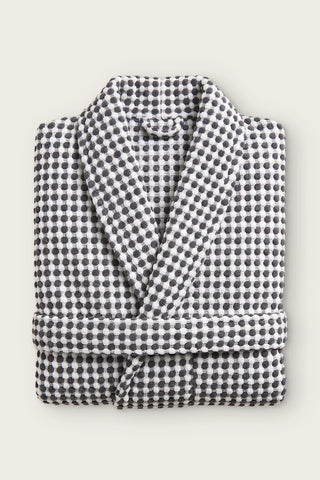 Handwoven bobble cotton hooded bathrobe in anthracite white, folded front view with shawl collar and belt