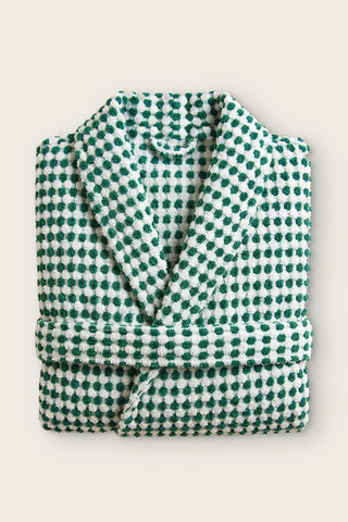 Handwoven bobble cotton hooded bathrobe in green white, folded front view with shawl collar and belt