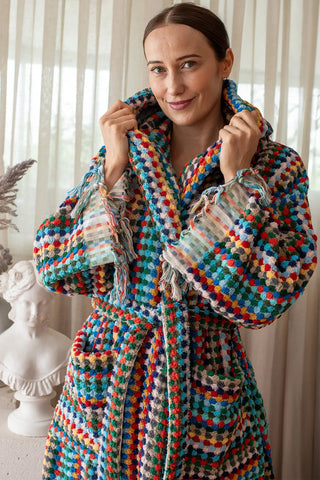 Rainbow chickpea bathrobe hood up front closeup. Handwoven Turkish cotton Denizli, OEKO-TEX. Vivamaison.