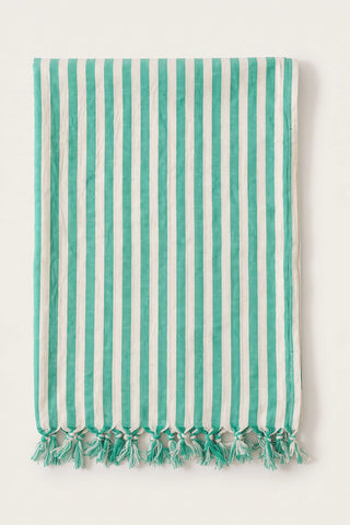 Classic striped Turkish cotton peshtemal towel in green, folded front view with knotted fringe