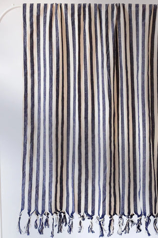 Navy blue classic striped peshtemal towel fringe detail closeup. Handwoven Turkish cotton Denizli, OEKO-TEX. Vivamaison.