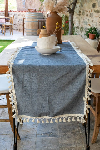 Navy Blue handwoven Turkish cotton tassel table runner detail. Hand-tied tassels Denizli, OEKO-TEX. Vivamaison.