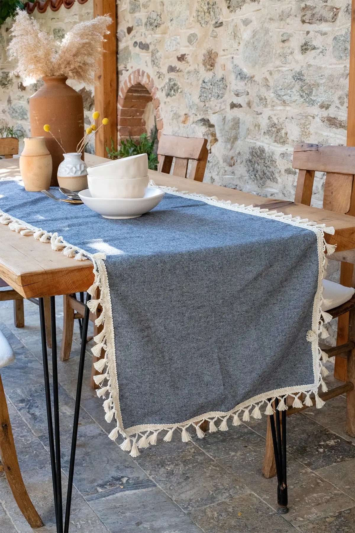 Navy Blue handwoven Turkish cotton tassel table runner lifestyle. Hand-tied tassels Denizli, OEKO-TEX. Vivamaison.