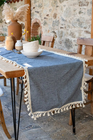 Navy Blue handwoven Turkish cotton tassel table runner lifestyle. Hand-tied tassels Denizli, OEKO-TEX. Vivamaison.